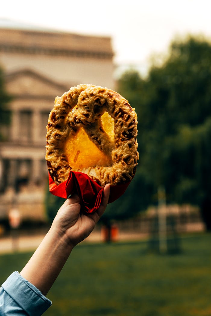 Hand holding cheese pretzel in Berlin park with building background.